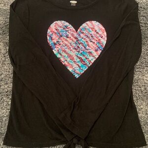 Old Navy Black Long-Sleeve Tie-Hem Top with Multicolor Sequin Heart